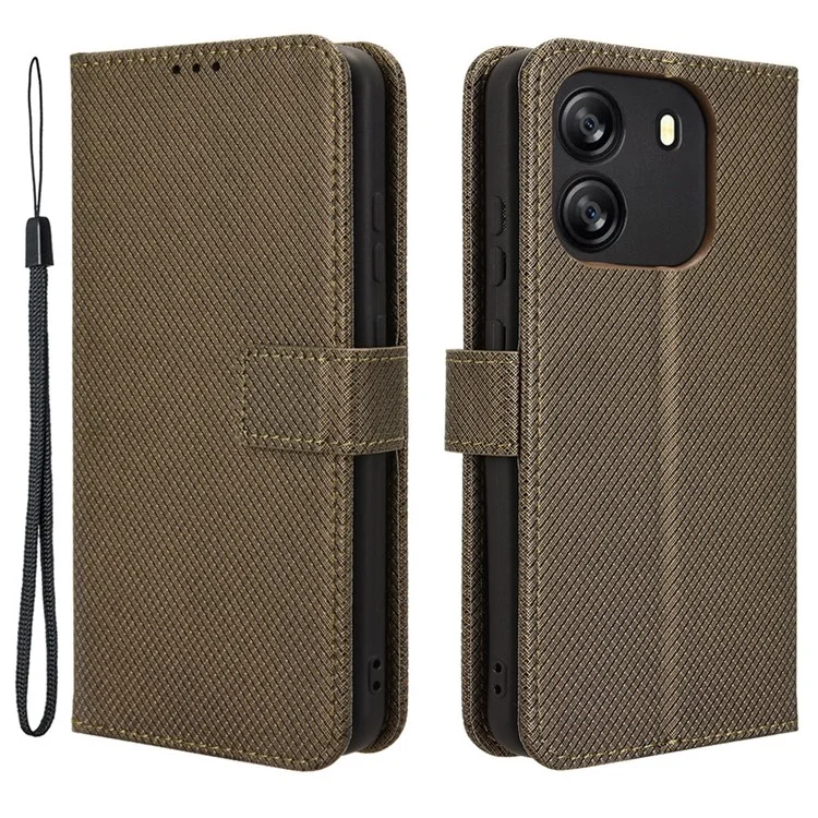 For Blackview Wave 6C Case Diamond Texture Leather Phone Cover with TPU Inner Shell - Brown