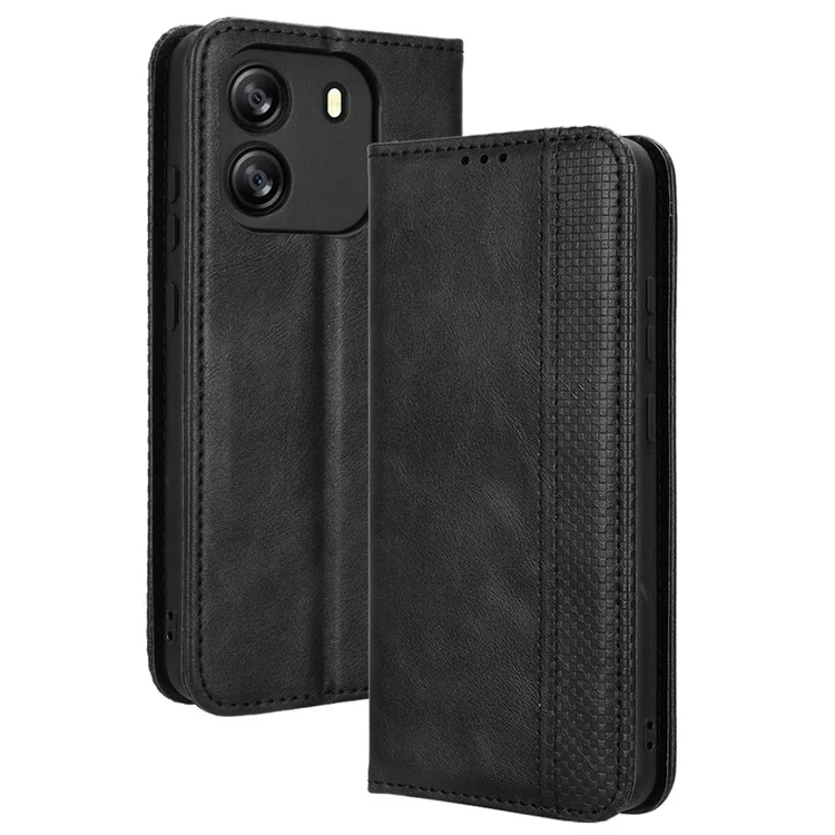For Blackview Wave 6C Case Magnetic Closure Vintage Leather Wallet Phone Cover - Black