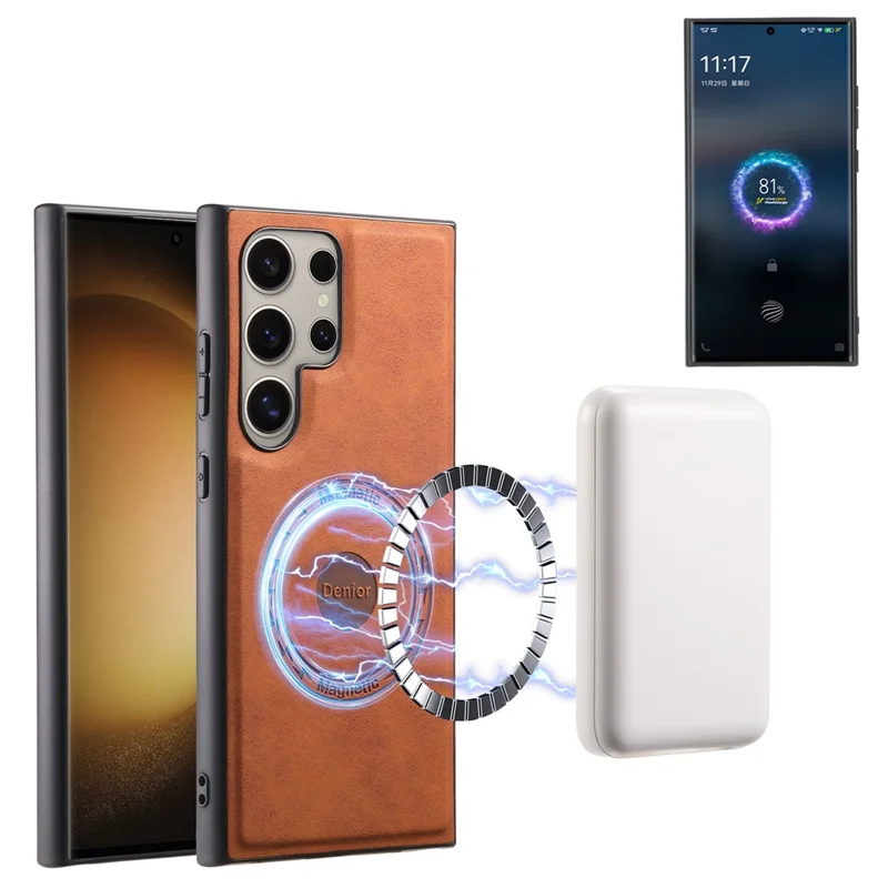 DENIOR D14 For Samsung Galaxy S23 Ultra Magnetic Case 2 in 1 Detachable PU+PC+TPU Phone Cover - Brown