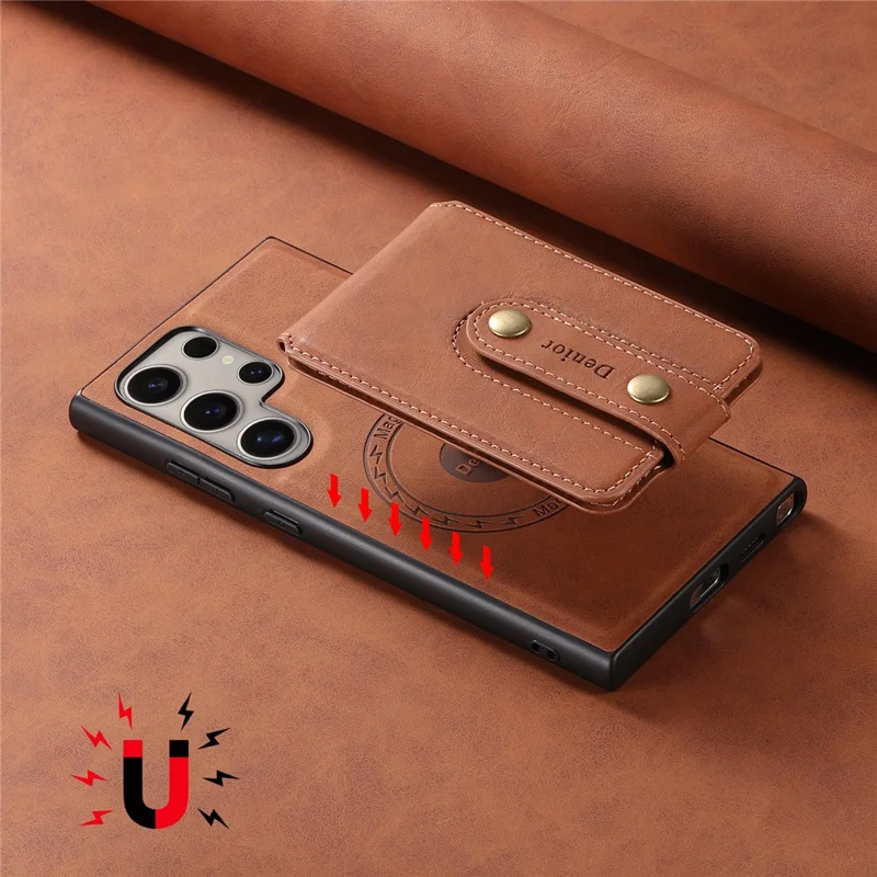 DENIOR D14 For Samsung Galaxy S23 Ultra Magnetic Case 2 in 1 Detachable PU+PC+TPU Phone Cover - Brown