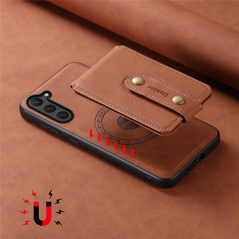 DENIOR D14 For Samsung Galaxy S23 Case Kickstand Card Slots Hybrid Phone Cover Magnetic Case - Brown