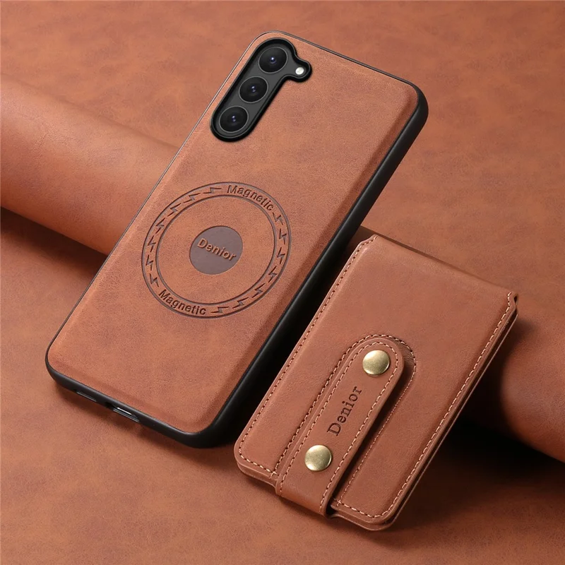 DENIOR D14 For Samsung Galaxy S23 Case Kickstand Card Slots Hybrid Phone Cover Magnetic Case - Brown