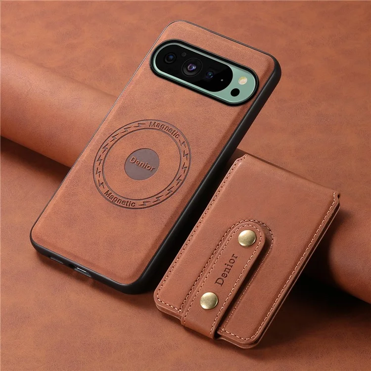 DENIOR D14 For Google Pixel 9 / 9 Pro Case Compatible with MagSafe Kickstand Card Slots Phone Cover - Brown