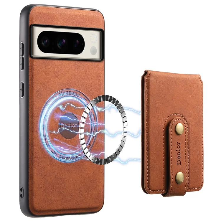 DENIOR D14 Funda magnética para Google Pixel 8 Pro, bolsa para tarjetas, funda híbrida de PC+TPU para teléfono - Marrón
