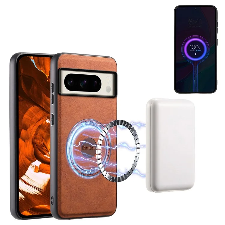 DENIOR D14 Funda magnética para Google Pixel 8 Pro, bolsa para tarjetas, funda híbrida de PC+TPU para teléfono - Marrón