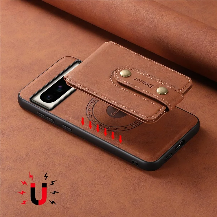 DENIOR D14 Funda magnética para Google Pixel 8 Pro, bolsa para tarjetas, funda híbrida de PC+TPU para teléfono - Marrón