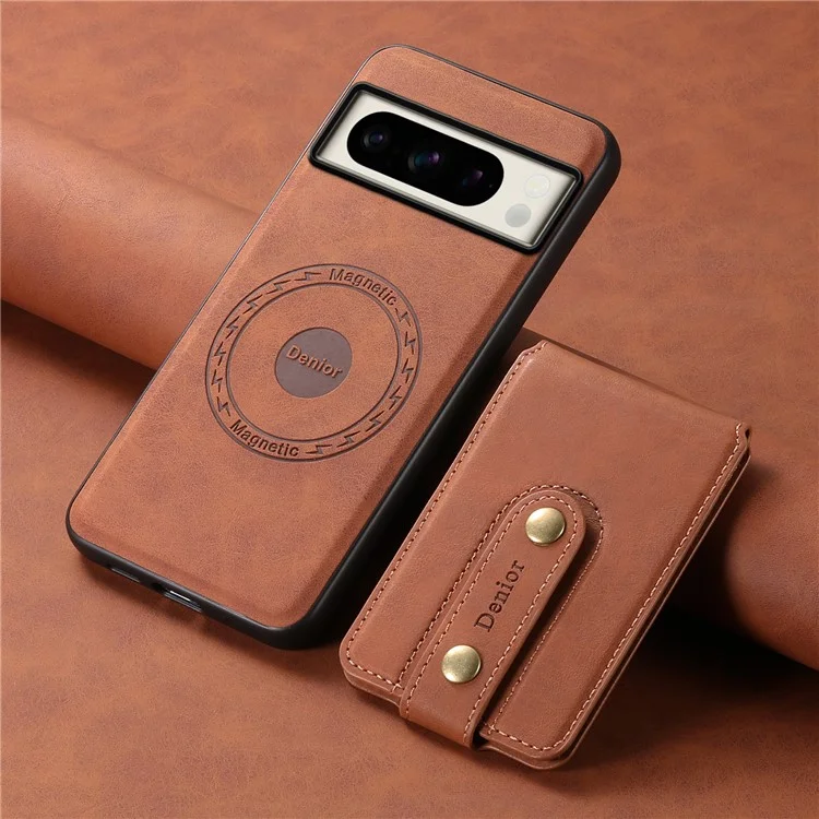 DENIOR D14 Funda magnética para Google Pixel 8 Pro, bolsa para tarjetas, funda híbrida de PC+TPU para teléfono - Marrón