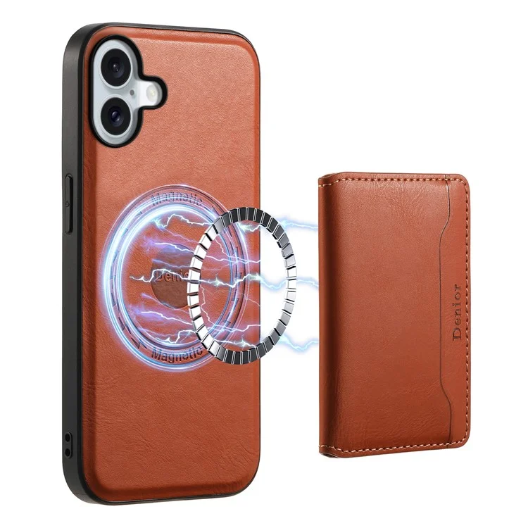 DENIOR D12 Para iPhone 16 Capa Compatível com Magsafe PU+TPU+PC Capa de Telefone - Marrom