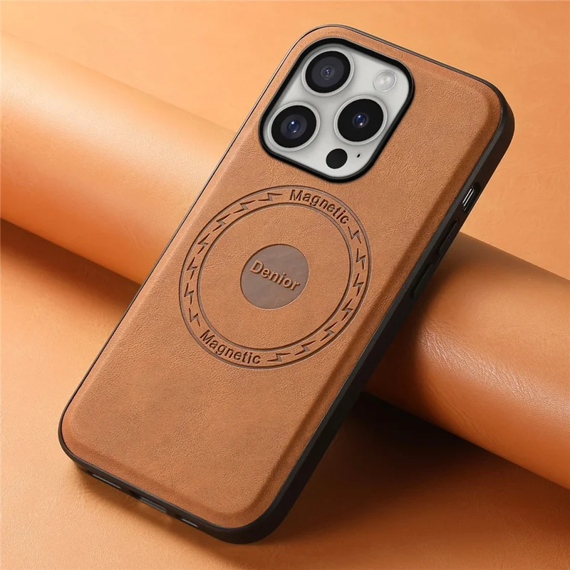 DENIOR A11 For iPhone 16 Pro Case Vintage PU Leather Magnetic Back Cover - Brown
