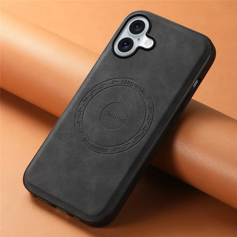 DENIOR A11 For iPhone 16 Plus Magnetic Case Leather+PC+TPU Anti-Scratch Retro Phone Cover - Black