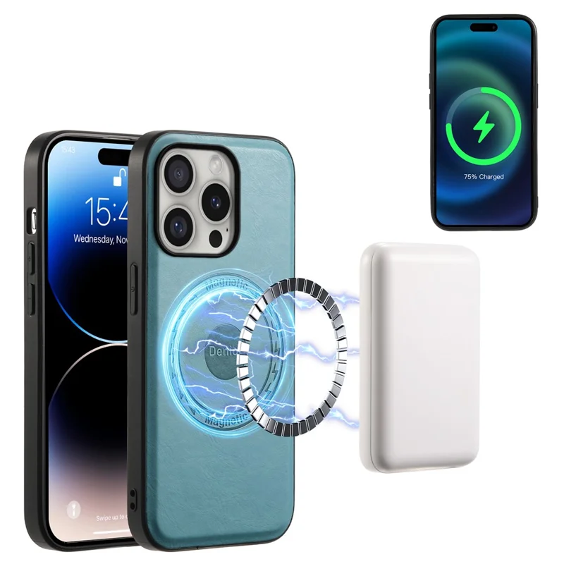 DENIOR A10 for iPhone 16 Pro Max Magnetic Case Non-Slip Leather Coated PC+TPU Phone Cover Cowhide Texture - Blue