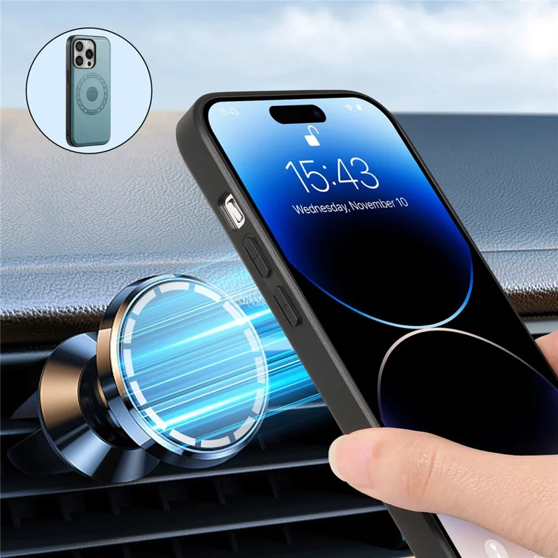 DENIOR A10 for iPhone 16 Pro Max Magnetic Case Non-Slip Leather Coated PC+TPU Phone Cover Cowhide Texture - Blue