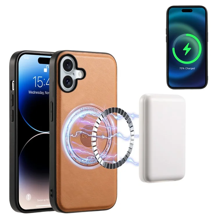 DENIOR A10 per iPhone 16 Case Compatibile con MagSafe Texture Cowhide Leather Protective Cover - Khaki