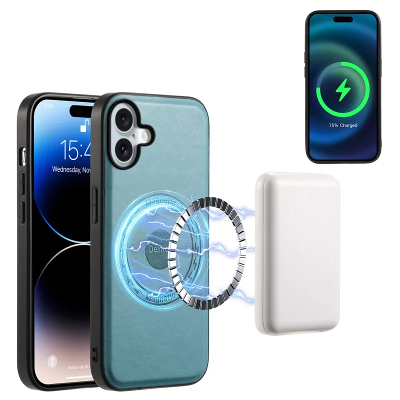 DENIOR A10 for iPhone 16 Case Compatible with MagSafe Cowhide Texture Leather Protective Cover - Blue