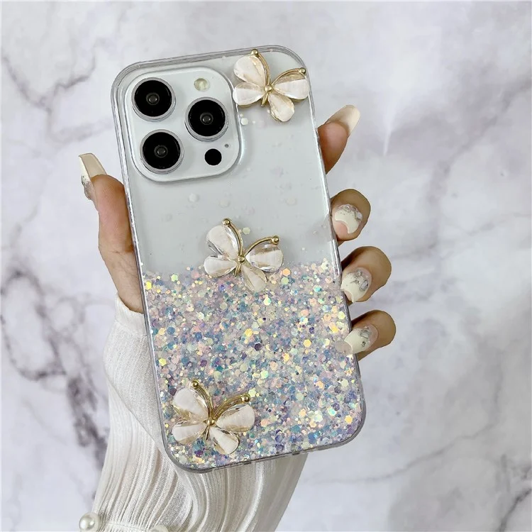 Für iPhone 15 Pro Hülle Leuchtendes stoßfestes Epoxy-TPU-Handyhülle 3D-Schmetterlinge - Leuchtendes Weiß