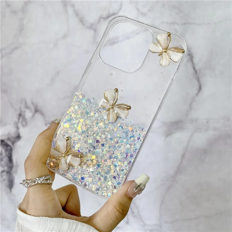 Für iPhone 15 Pro Hülle Leuchtendes stoßfestes Epoxy-TPU-Handyhülle 3D-Schmetterlinge - Leuchtendes Weiß