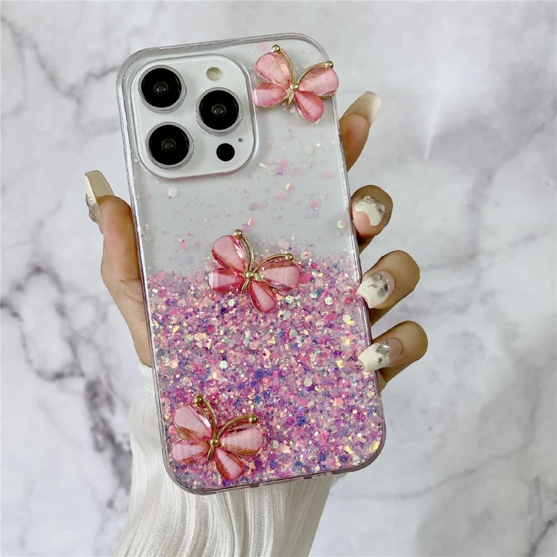 For iPhone 14 Pro Max Case 3D Butterflies Epoxy TPU Phone Cover Luminous Effect - Luminous Pink