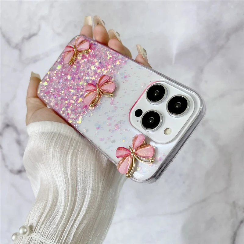 For iPhone 14 Pro Max Case 3D Butterflies Epoxy TPU Phone Cover Luminous Effect - Luminous Pink