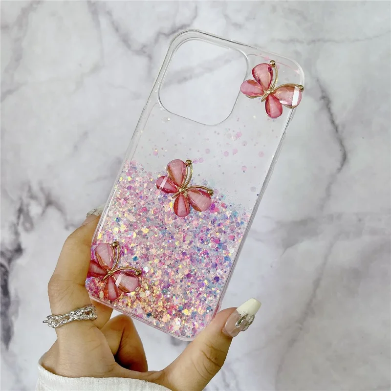 For iPhone 14 Pro Max Case 3D Butterflies Epoxy TPU Phone Cover Luminous Effect - Luminous Pink