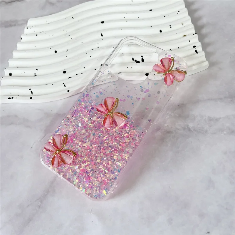 For iPhone 14 Pro Max Case 3D Butterflies Epoxy TPU Phone Cover Luminous Effect - Luminous Pink