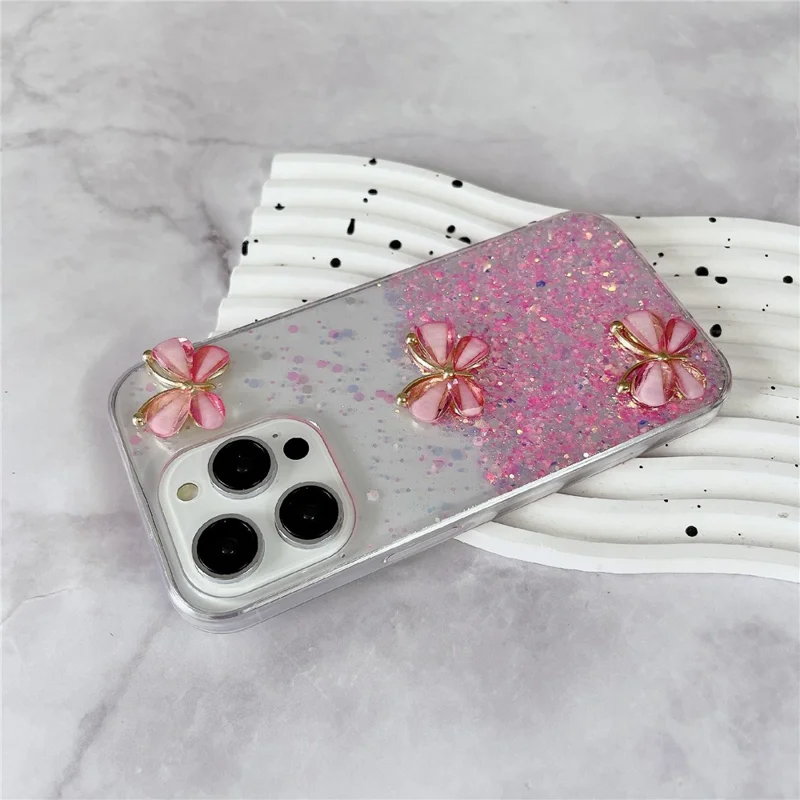 For iPhone 14 Pro Max Case 3D Butterflies Epoxy TPU Phone Cover Luminous Effect - Luminous Pink