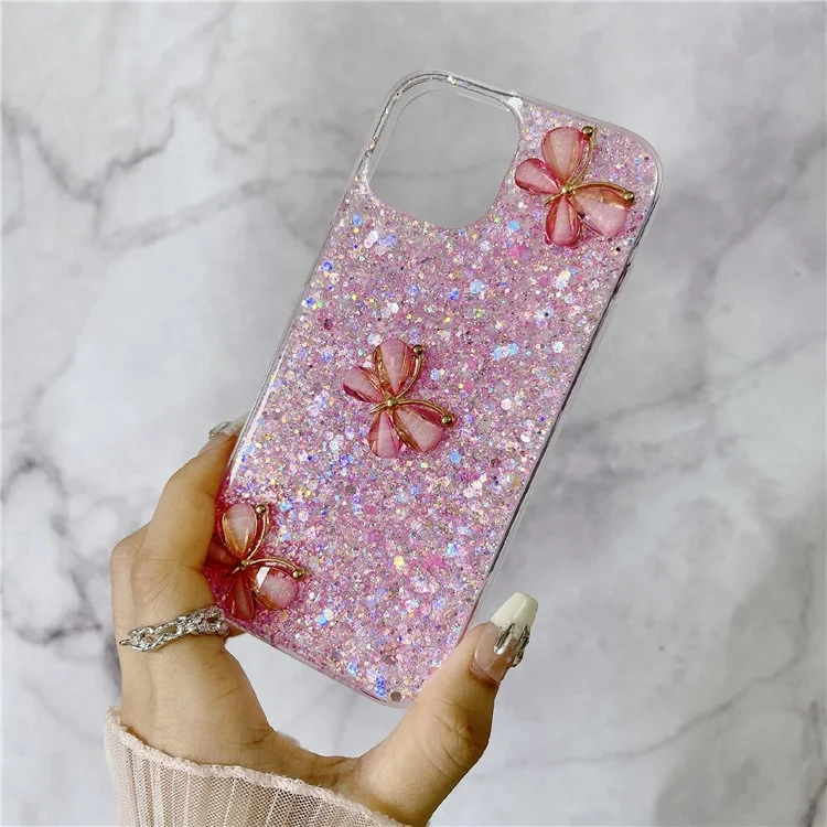 For iPhone 15 Case Glitter Sequin Epoxy TPU Phone Cover with 3D Butterflies - Pink