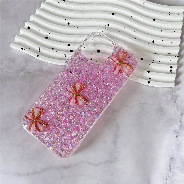 For iPhone 15 Case Glitter Sequin Epoxy TPU Phone Cover with 3D Butterflies - Pink