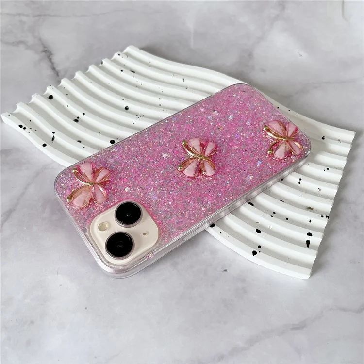 For iPhone 15 Case Glitter Sequin Epoxy TPU Phone Cover with 3D Butterflies - Pink