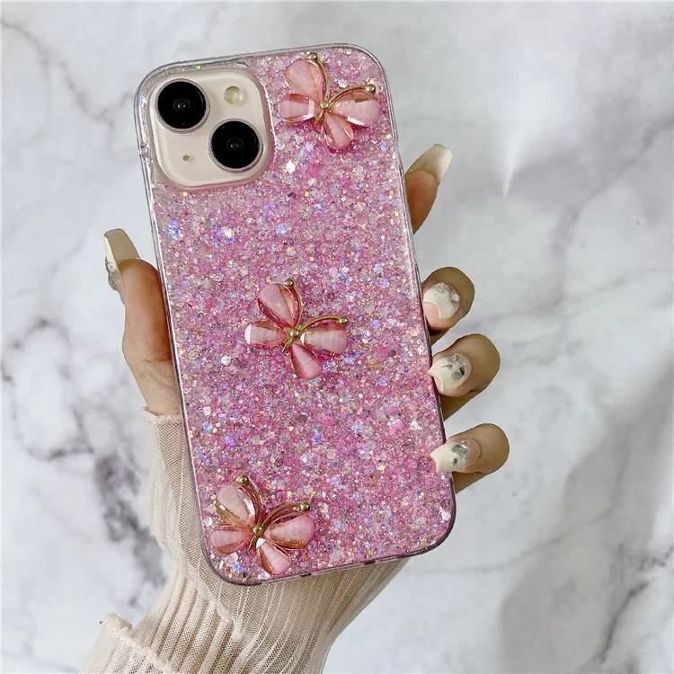 Für iPhone 14 Case Soft TPU Epoxy Glitter Phone Cover 3D Butterflies Design Ästhetisch - Rosa