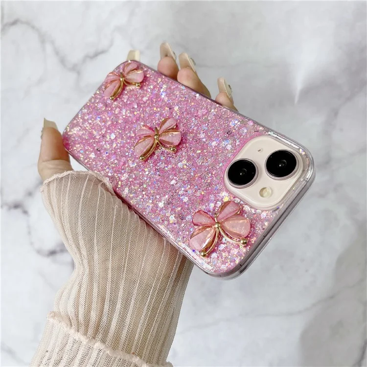 Für iPhone 14 Case Soft TPU Epoxy Glitter Phone Cover 3D Butterflies Design Ästhetisch - Rosa