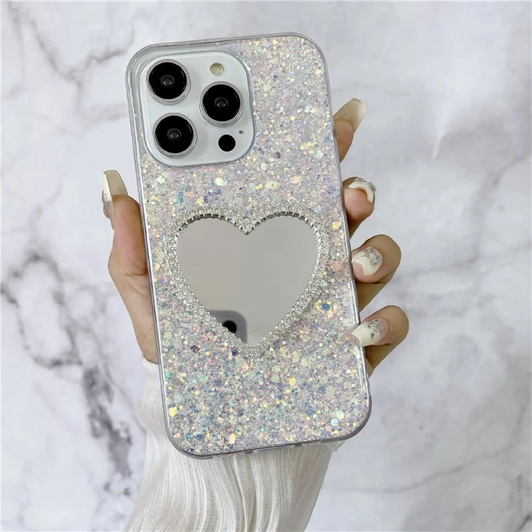 For iPhone 14 Pro Max Case with Makeup Mirror TPU Phone Cover Epoxy Aesthetic - White