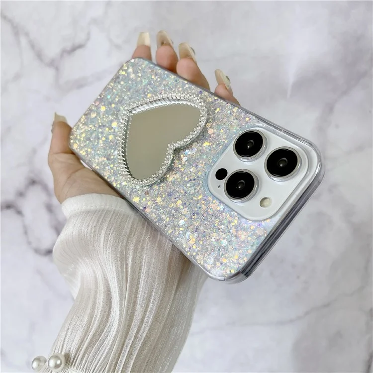 For iPhone 14 Pro Max Case with Makeup Mirror TPU Phone Cover Epoxy Aesthetic - White