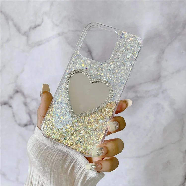 For iPhone 14 Pro Max Case with Makeup Mirror TPU Phone Cover Epoxy Aesthetic - White
