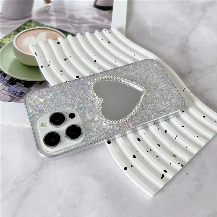 For iPhone 14 Pro Max Case with Makeup Mirror TPU Phone Cover Epoxy Aesthetic - White