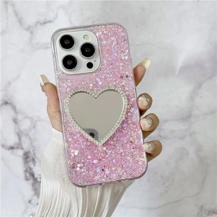 Für iPhone 15 Pro Epoxy Case Mirror Design TPU Stoßfester Telefonschutz - Pink