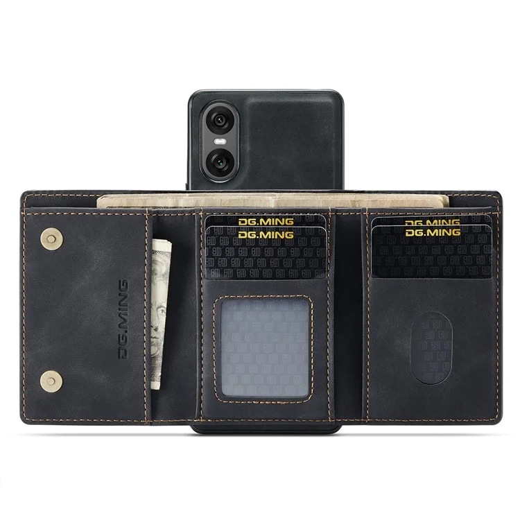 DG.MING M1 Series para Sony Xperia 10 VI Kickstand Case PU Back Phone Cover com Carteira Destacável - Preto