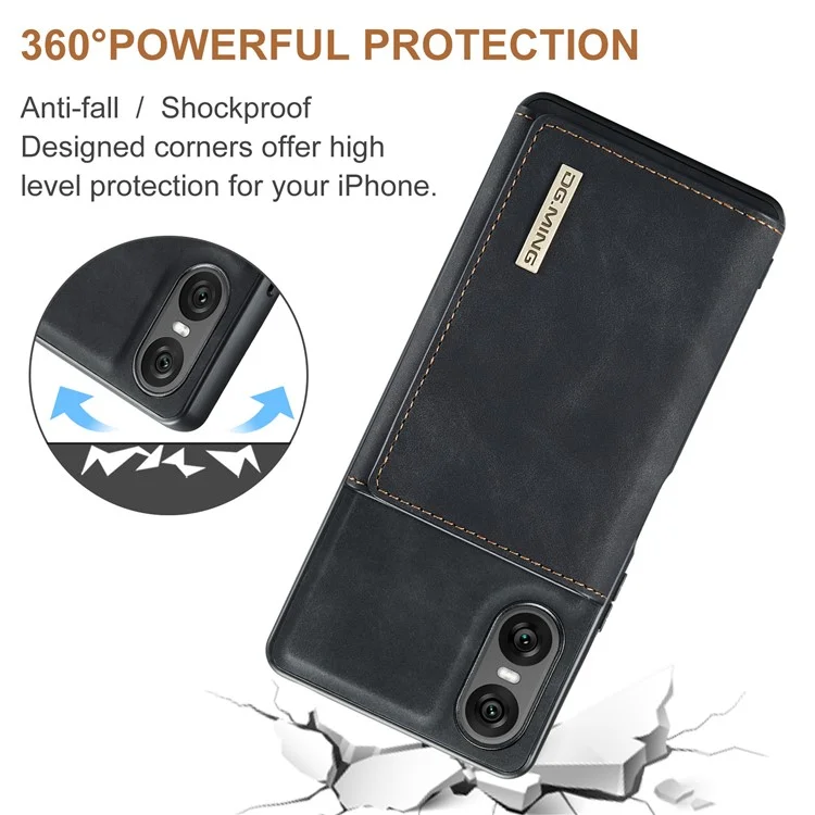DG.MING M1 Series para Sony Xperia 10 VI Kickstand Case PU Back Phone Cover com Carteira Destacável - Preto
