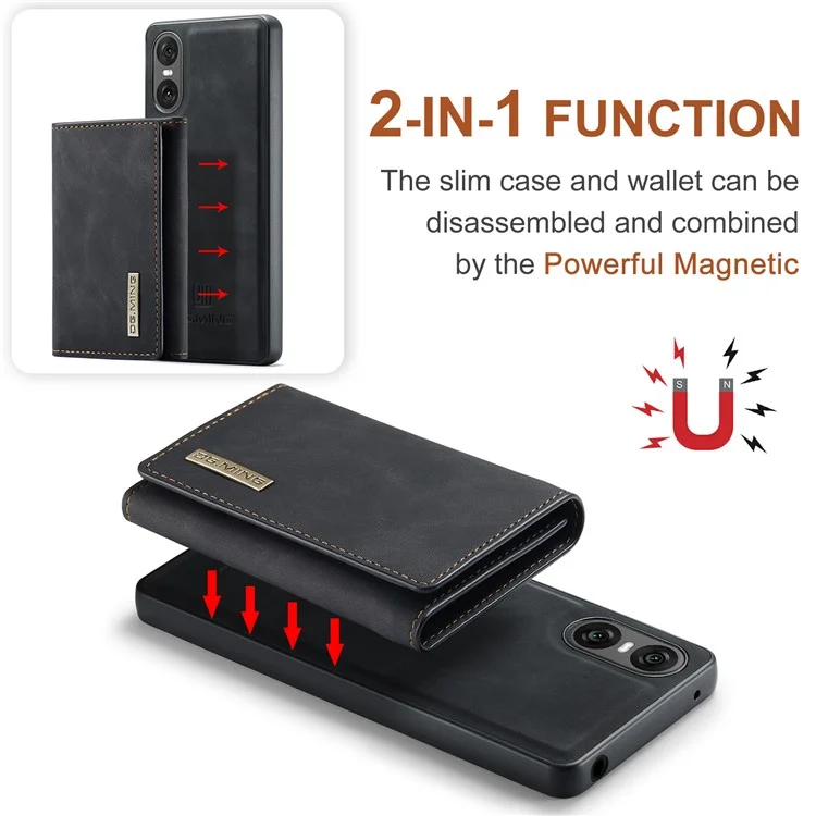 DG.MING M1 Series para Sony Xperia 10 VI Kickstand Case PU Back Phone Cover com Carteira Destacável - Preto