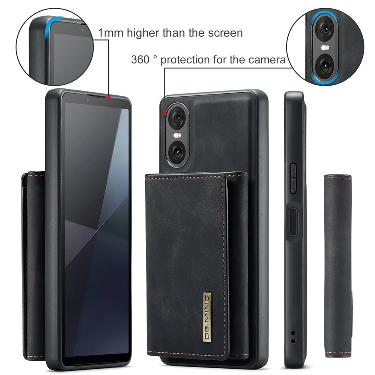 DG.MING M1 Series para Sony Xperia 10 VI Kickstand Case PU Back Phone Cover com Carteira Destacável - Preto
