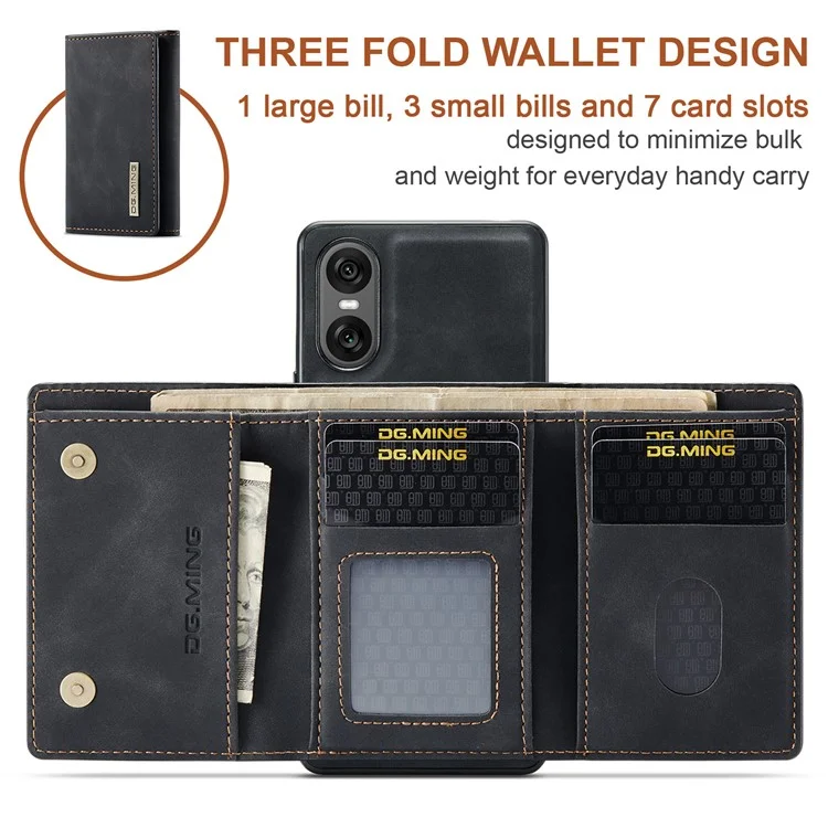 DG.MING M1 Series para Sony Xperia 10 VI Kickstand Case PU Back Phone Cover com Carteira Destacável - Preto