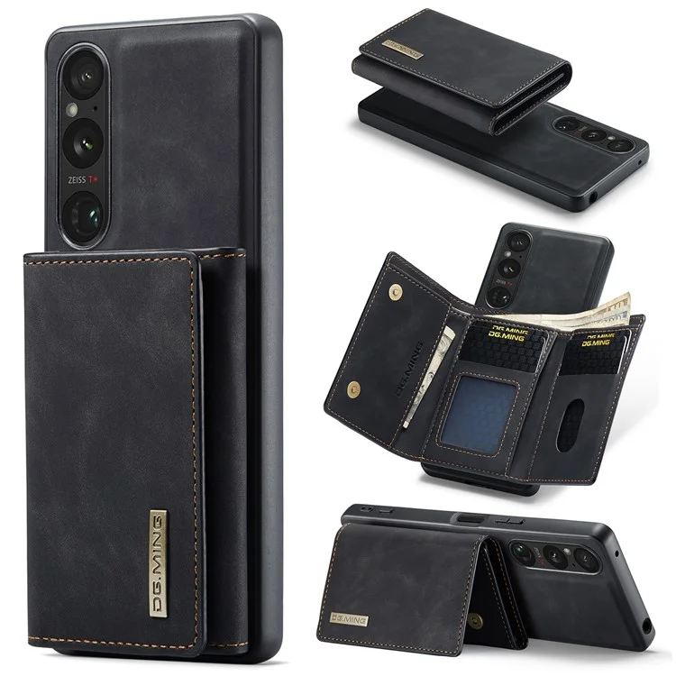 DG.MING M1 Series for Sony Xperia 1 VI Case Kickstand PU Phone Cover with Detachable Wallet - Black