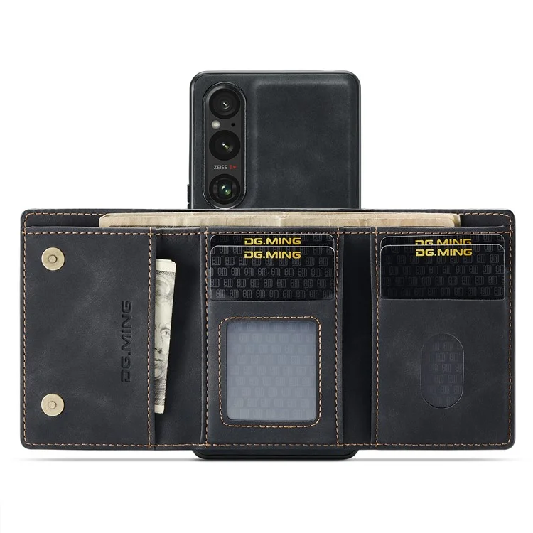 DG.MING M1 Series for Sony Xperia 1 VI Case Kickstand PU Phone Cover with Detachable Wallet - Black