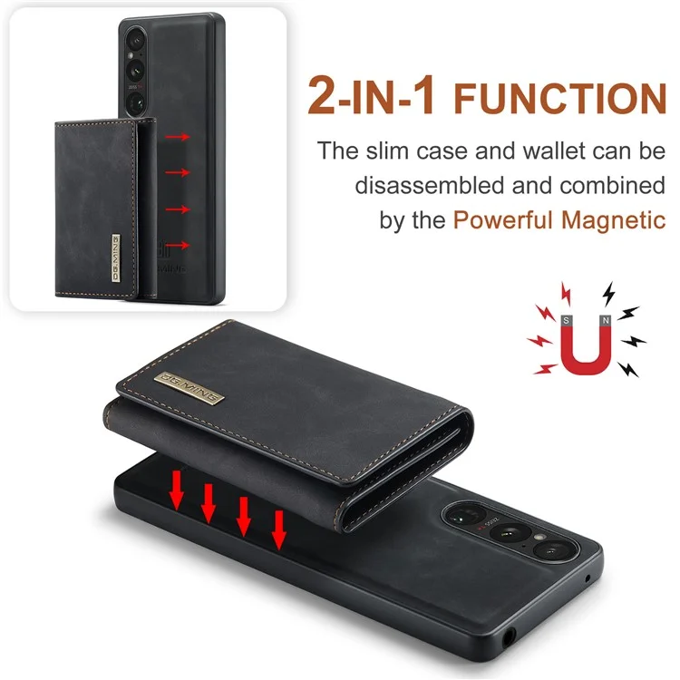 DG.MING M1 Series for Sony Xperia 1 VI Case Kickstand PU Phone Cover with Detachable Wallet - Black