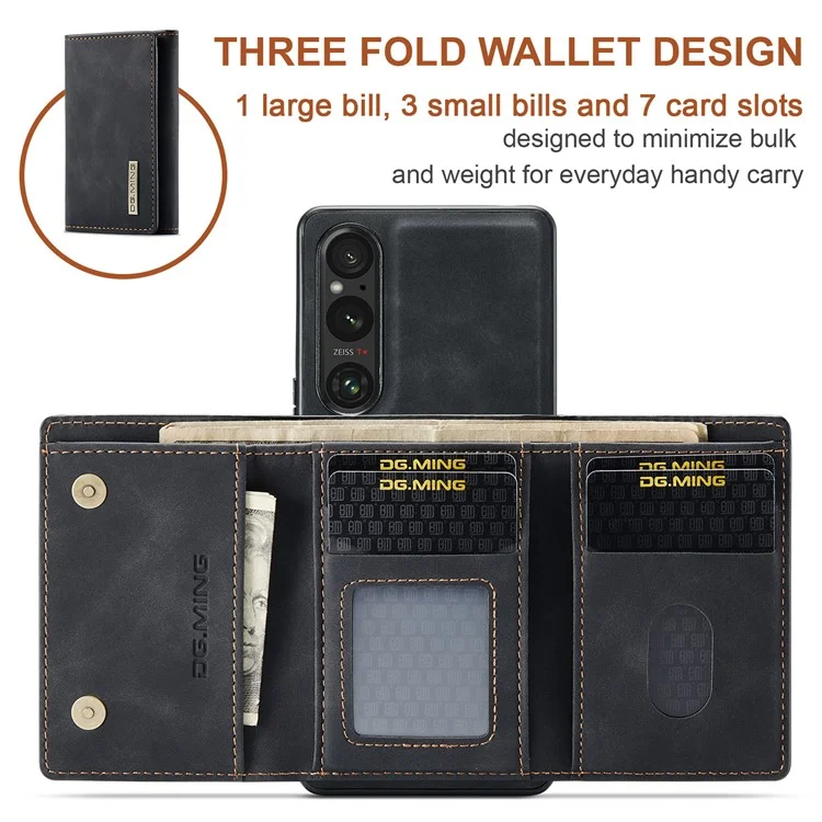 DG.MING M1 Series for Sony Xperia 1 VI Case Kickstand PU Phone Cover with Detachable Wallet - Black