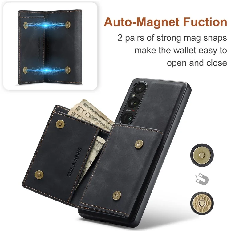 DG.MING M1 Series for Sony Xperia 1 VI Case Kickstand PU Phone Cover with Detachable Wallet - Black