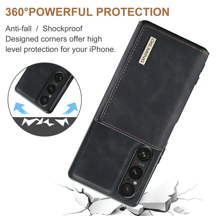 DG.MING M1 Series for Sony Xperia 1 VI Case Kickstand PU Phone Cover with Detachable Wallet - Black