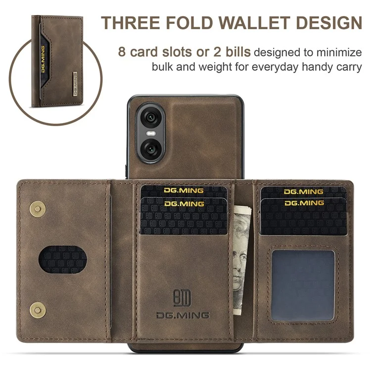 DG.MING M2-Serie für Sony Xperia 10 VI Case Abnehmbares Geldbörse PU+PC+TPU Telefonhülle - Kaffee
