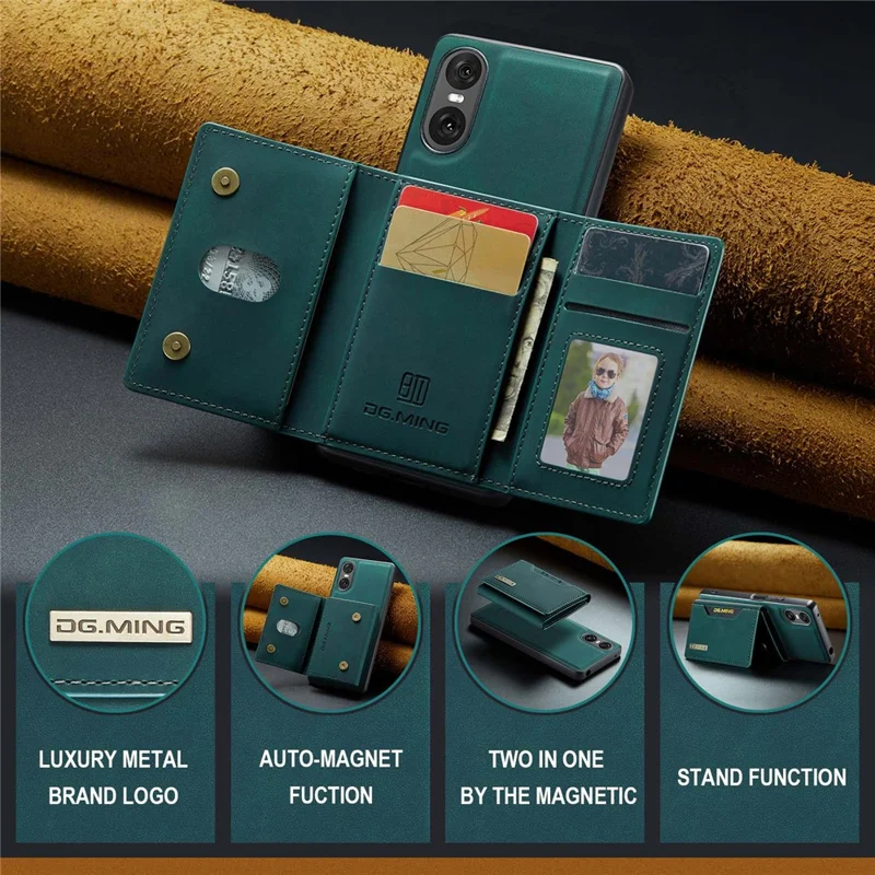 DG.MING M2 Series for Sony Xperia 10 VI Case Detachable Wallet PU+PC+TPU Phone Cover - Green
