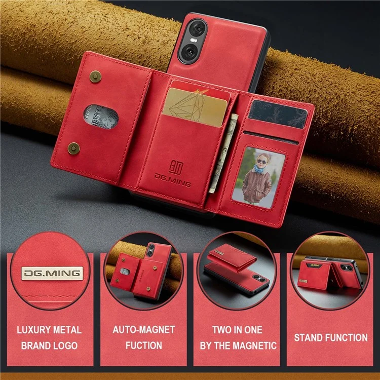 DG.MING M2 Serie für Sony Xperia 10 VI Hülle Abnehmbare Geldbörse PU+PC+TPU Handyhülle - Rot