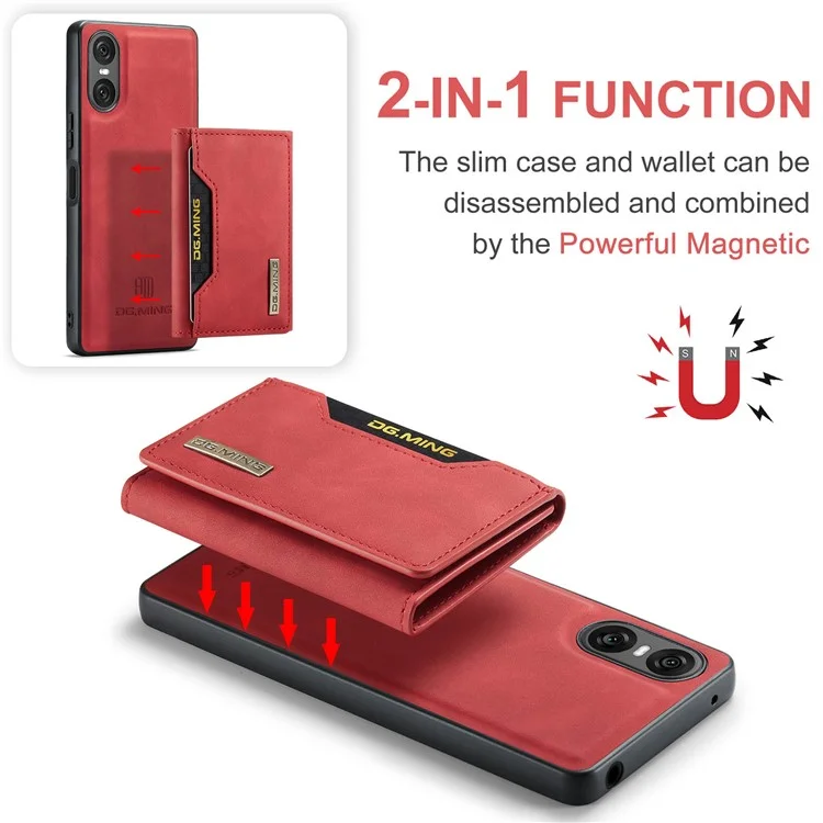 DG.MING M2 Serie für Sony Xperia 10 VI Hülle Abnehmbare Geldbörse PU+PC+TPU Handyhülle - Rot
